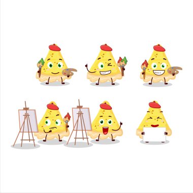 Bir fırçayla çizilmiş peynirli tart çizgi film karakteri sanatçısı. Vektör illüstrasyonu