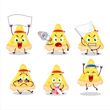 Çekici bir destekçi olarak bir dilim peynirli tart karakterinin maskot tasarımı. Vektör illüstrasyonu