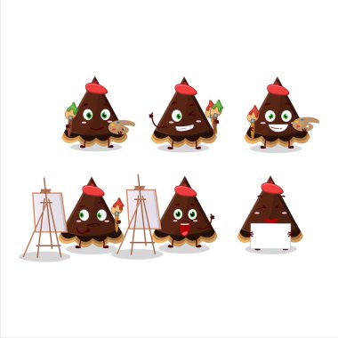 Bir fırçayla çizilmiş çikolatalı turta çizgi film karakteri sanatçısı. Vektör illüstrasyonu