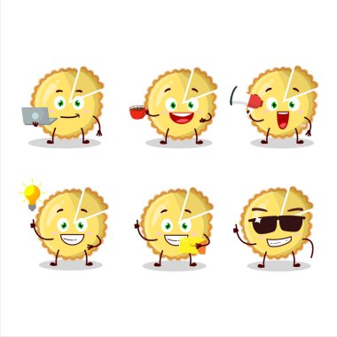 Çeşitli iş simgelerine sahip limonlu turta çizgi film karakteri. Vektör illüstrasyonu