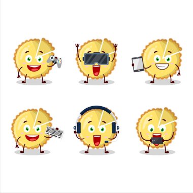 Limonlu tart çizgi film karakteri çeşitli şirin emoticonlarla oyunlar oynuyor. Vektör illüstrasyonu