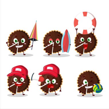 Mutlu Yüz çikolatalı turta karikatür karakteri sahilde oynuyor. Vektör illüstrasyonu