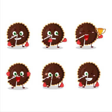 Sportif çikolatalı turta boks sporu çizgi film maskotu tasarımı. Vektör illüstrasyonu