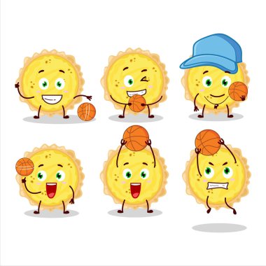 Basketbol atleti olarak yetenekli peynirli turta çizgi film karakteri. Vektör illüstrasyonu