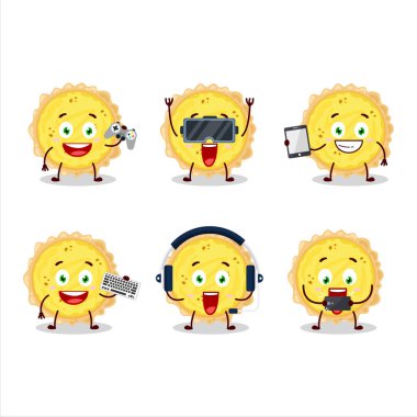 Peynirli tart çizgi film karakteri çeşitli şirin ifadelerle oyunlar oynuyor. Vektör illüstrasyonu