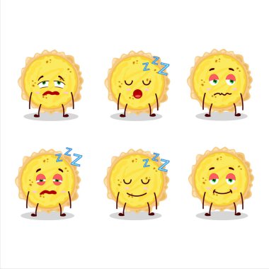 Uykulu suratlı peynirli turtanın çizgi film karakteri. Vektör illüstrasyonu