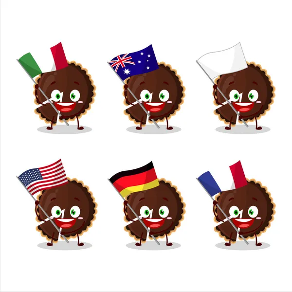 Chocolate Tart Cartoon Character Bring Flags Various Countries Vector Illustration — Stock Vector