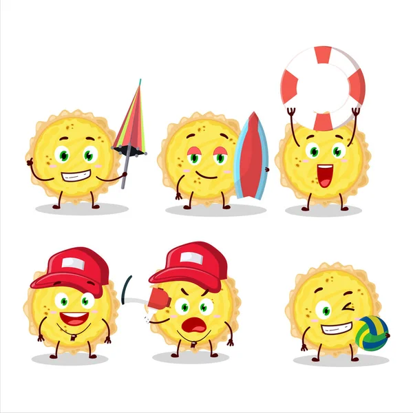 Happy Face Personagem Desenho Animado Tart Queijo Jogando Uma Praia — Vetor de Stock