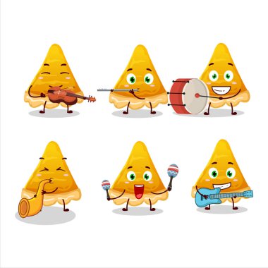 Birkaç müzik enstrümanı çalan çizgi film karakteri yumurtalı tart. Vektör illüstrasyonu