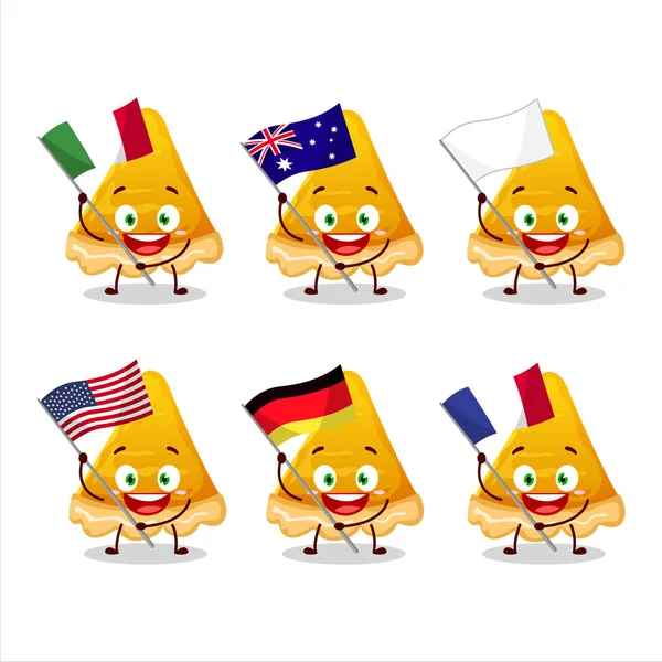 Egy Szelet Tojás Torta Karikatúra Karakter Hozza Zászlókat Különböző Országokban — Stock Vector