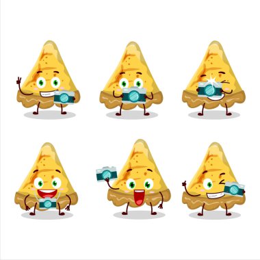 Fotoğrafçı mesleği simgesi ve kremalı tart çizgi film karakteri. Vektör illüstrasyonu