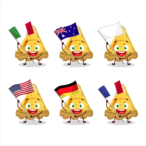 Egy Szelet Puding Torta Karikatúra Karakter Hozza Zászlókat Különböző Országokban — Stock Vector