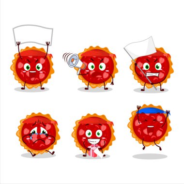 Çekici bir destekçi olarak çilekli turta karakterinin maskot tasarımı. Vektör illüstrasyonu