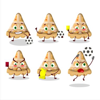 Futbol hakemi olarak çalışan şeftalili turta çizgi film karakteri. Vektör illüstrasyonu