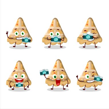 Şeftalili turta çizgi film karakteriyle fotoğrafçılık mesleği simgesi. Vektör illüstrasyonu