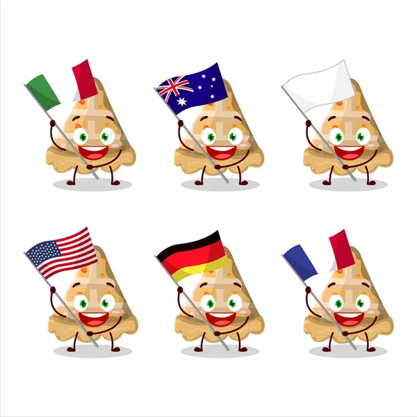 Scheibe Pfirsichkuchen Cartoon Figur Bringen Die Flaggen Der Verschiedenen Länder — Stockvektor