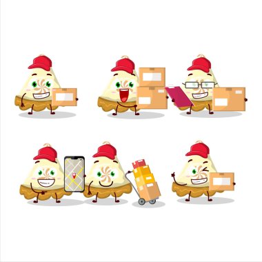 Karikatür karakteri tasarımı. Kurye olarak çalışan bir dilim limonlu pasta. Vektör illüstrasyonu