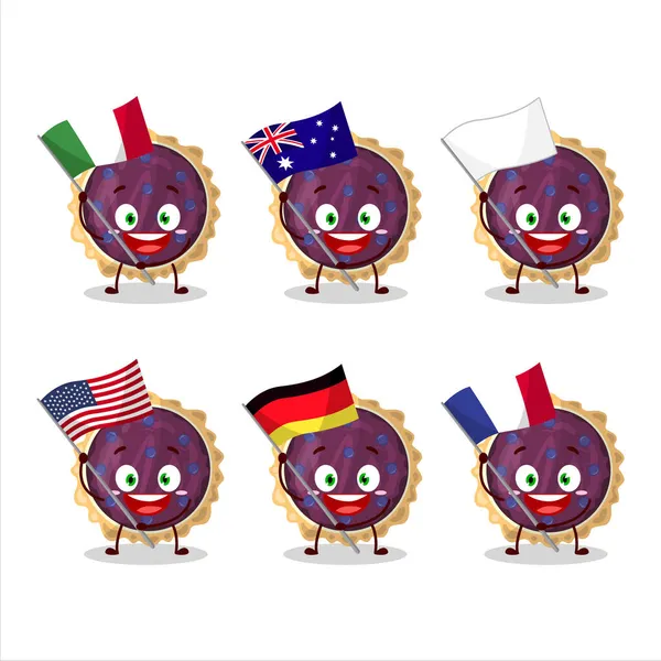 Blueberry Pie Cartoon Character Bring Flags Various Countries Vector Illustration — Stock Vector