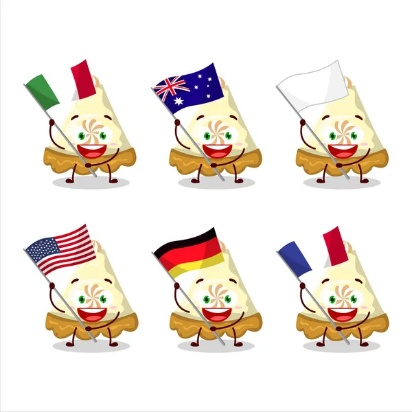 Fetta Limone Meringa Torta Personaggio Dei Cartoni Animati Portare Bandiere — Vettoriale Stock