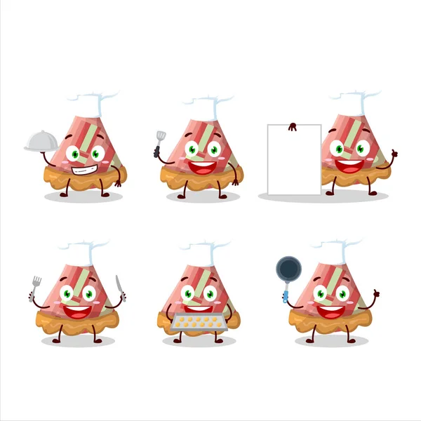 Personaje Dibujos Animados Rebanada Pastel Ruibarbo Con Varios Emoticonos Chef — Vector de stock