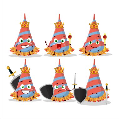 Karizmatik bir Kral konfeti trompet karakteri altın bir taç takıyor. Vektör illüstrasyonu