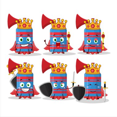 Karizmatik bir Kral mavi havalı korna karakteri, altın bir taç takıyor. Vektör illüstrasyonu