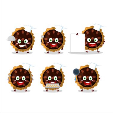 Çeşitli şef ifadeleriyle pekan cevizli turtanın çizgi film karakteri. Vektör illüstrasyonu