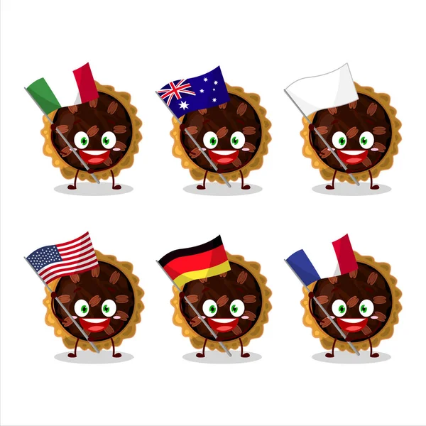Pecan Pie Cartoon Character Bring Flags Various Countries Vector Illustration — Stock Vector
