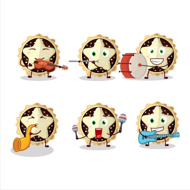 Yıldız çikolatalı turtanın çizgi film karakteri müzik enstrümanları çalıyor. Vektör illüstrasyonu