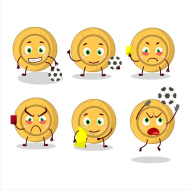 Dalgona şeker çemberi çizgi film karakteri futbol hakemi olarak çalışıyor. Vektör illüstrasyonu