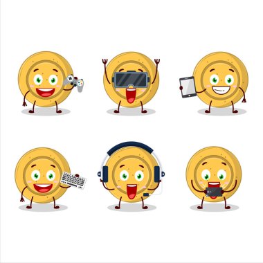 Dalgona şeker çemberi çizgi film karakteri çeşitli şirin duygu simgeleriyle oyunlar oynuyor. Vektör illüstrasyonu