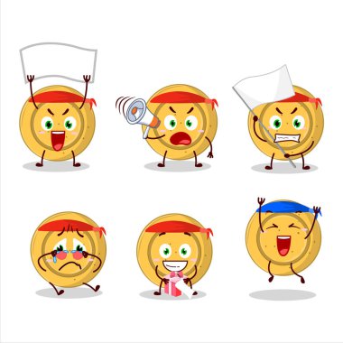 Çekici bir destekçi olarak dalgona şeker çemberi karakterinin maskot tasarımı stili. Vektör illüstrasyonu