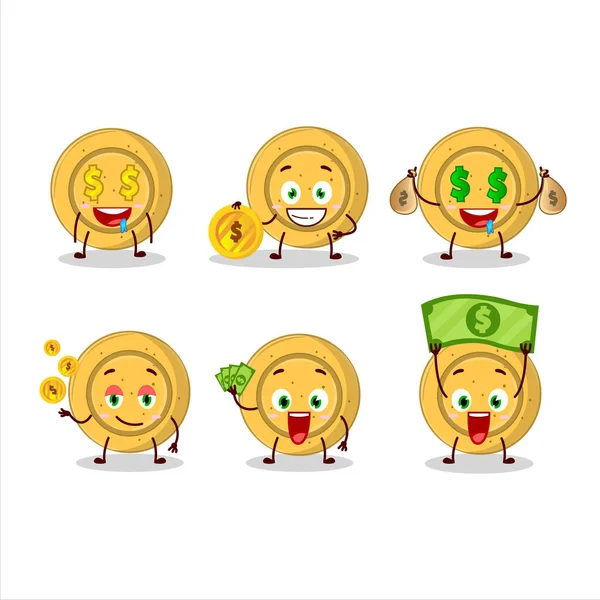 Dalgona Candy Circle Karakter Kartun Dengan Emoticon Lucu Membawa Uang - Stok Vektor