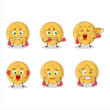 Sportif dalgona şekerli boks yıldızı maskot tasarımı. Vektör illüstrasyonu