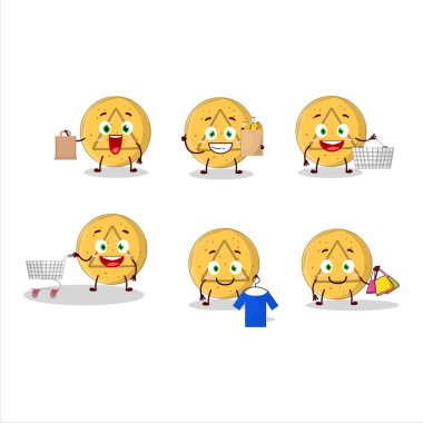 Zengin dalgona şekerleme üçgen maskot tasarımı alışverişe gidiyor. Vektör illüstrasyonu