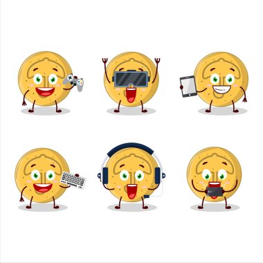 Dalgona şeker şemsiyeli çizgi film karakteri çeşitli şirin duygu simgeleriyle oyunlar oynuyor. Vektör illüstrasyonu