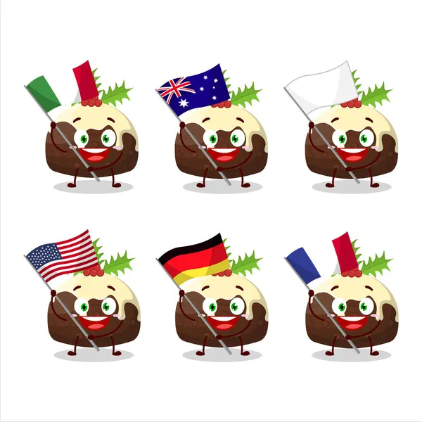 Pudding Cake Christmas Cartoon Character Bring Flags Various Countries Vector — Stock Vector