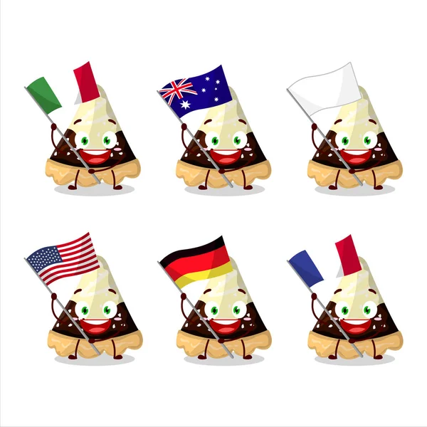 Slice Star Chocolate Pie Cartoon Character Bring Flags Various Countries — Stock Vector