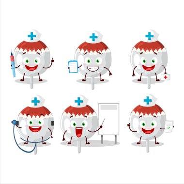 Noel şapkalı, kurabiyeli, çizgi film karakterli bir doktor. Vektör illüstrasyonu