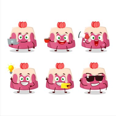 Çeşitli iş simgeleriyle çilekli puding çizgi film karakteri. Vektör illüstrasyonu