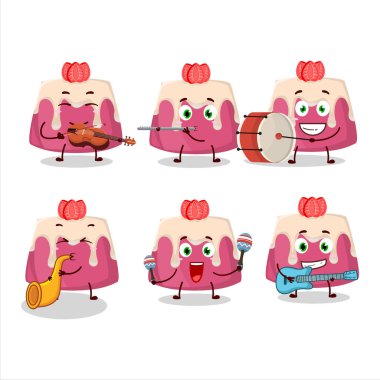 Çilekli pudingin çizgi film karakteri müzik enstrümanları çalıyor. Vektör illüstrasyonu