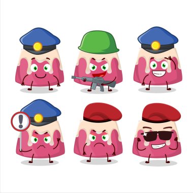 Çilekli puding maskotu tasarımında kendini işine adamış bir polis memuru. Vektör illüstrasyonu