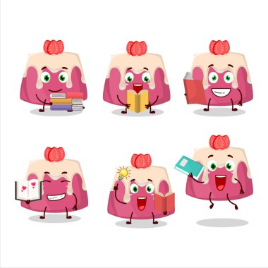 Komik bir kitap okuyan çilekli puding çizgi film karakteri konsepti. Vektör illüstrasyonu