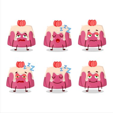 Uykulu ifadeli çilekli puding çizgi film karakteri. Vektör illüstrasyonu