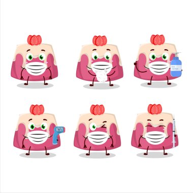 Çilekli puding karikatür tasarımı bir resim salgın sırasında sağlıklı kalmaya devam ediyor. Vektör illüstrasyonu