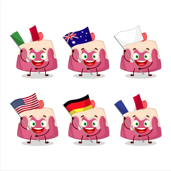 Fragola Budino Personaggio Cartone Animato Torta Portare Bandiere Vari Paesi — Vettoriale Stock