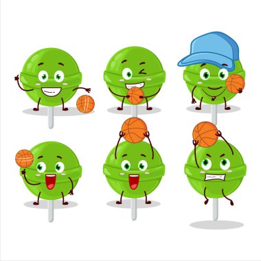 Basketbol atleti olarak yetenekli bir karpuz lolipop çizgi film karakteri. Vektör illüstrasyonu