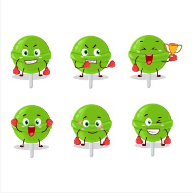 Sportif bir kavun lolipop boks sporu çizgi film maskotu tasarımı. Vektör illüstrasyonu