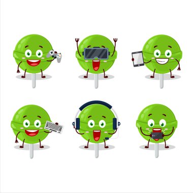 Tatlı karpuz lolipop çizgi film karakteri çeşitli şirin duygu simgeleriyle oyunlar oynuyor. Vektör illüstrasyonu