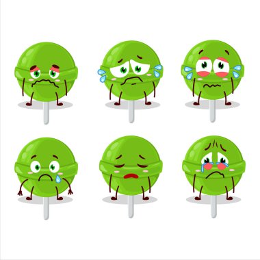 Tatlı kavun lolipop çizgi film karakteri, üzgün bir ifadeyle. Vektör illüstrasyonu